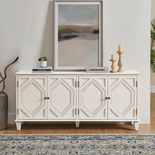 65.2 inch Mid Century Modern Sideboard Buffet Cabinet with Storage, Symmetrical Geometric Accent Coffee Bar Wine Bar Storage Cabinet, Large Console Table for Living Room/Entryway/Kitchen, Antique White