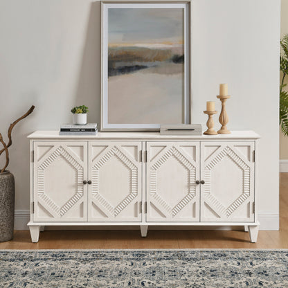 65.2 inch Mid Century Modern Sideboard Buffet Cabinet with Storage, Symmetrical Geometric Accent Coffee Bar Wine Bar Storage Cabinet, Large Console Table for Living Room/Entryway/Kitchen, Antique White