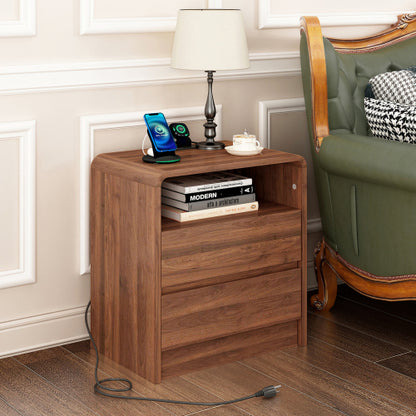 Walnut Curved Nightstand, 25inch Tall Handle-Less Bedside Table with Drawers & Charging Station
