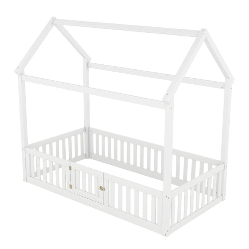 Twin Size Wood House Bed with Fence and Door, White