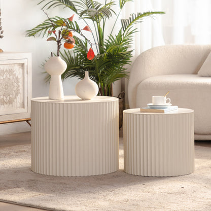 2-Piece Beige Nesting Drum Coffee Table with Wave Stripes