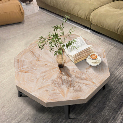 30 Inch Octagonal Patchwork Coffee Table, Antique Wood
