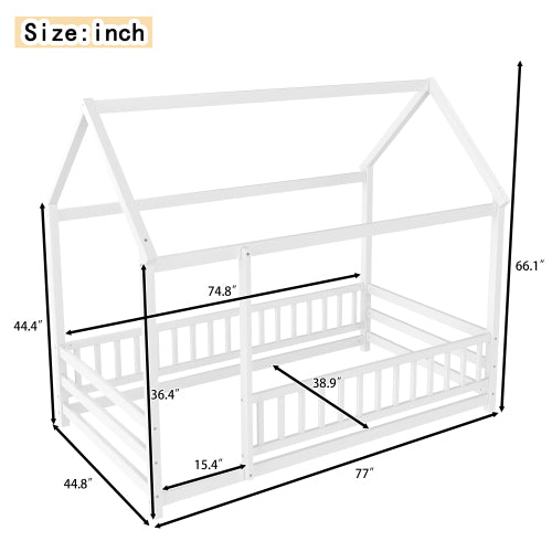 Twin Size Floor Wooden Bed with House Roof Frame, Fence Guardrails,White