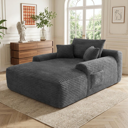 Grey Convertible Striped-Corduroy Boneless Chaise Lounge Sleeper Sofa-Bed Wide Armrest & Throw Pillows No-Assembly