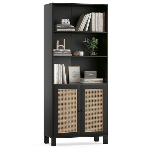 Tall Bookcase with Rattan Doors, 5-Tier Wood Storage Shelf, Black