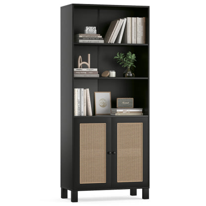 Tall Bookcase with Rattan Doors, 5-Tier Wood Storage Shelf, Black