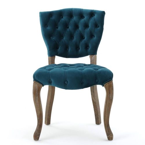 Tufted Velvet-Look Dining Chairs with Carved Wood Legs, Set of 2, Teal