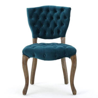 Tufted Velvet-Look Dining Chairs with Carved Wood Legs, Set of 2, Teal