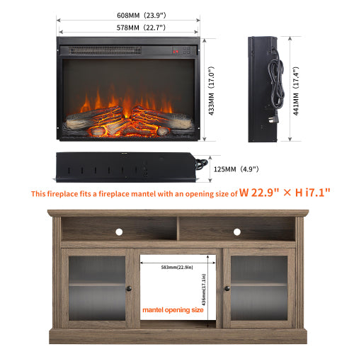 23 inch electric fireplace insert, ultra thin heater with log set & realistic flame, remote control with timer, overheating protection
