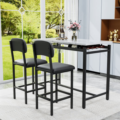 3-Piece Rustic Black Bar Set, Marble Surface Table & 2 Grey PU Chairs