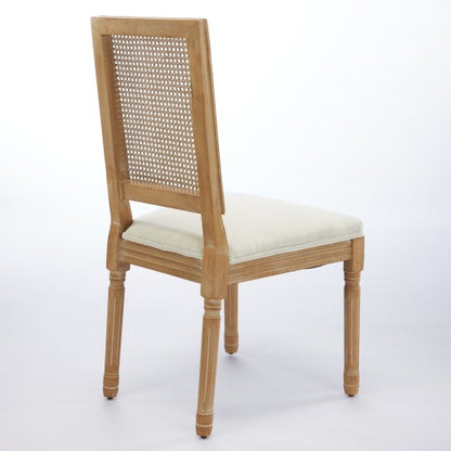 Set of 2 Beige French Louis Square Rattan Back Carved Solid Wood Dining Chairs, Antique Finish 300 LBS Weight Limit