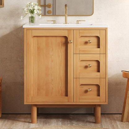30 Inch Bathroom Vanity with Ceramic Sink, Bathroom Vanity with 3 Drawers, 1 large Soft Closing Door, Farmhouse Bathroom Storage Cabinet , Ideal for Home