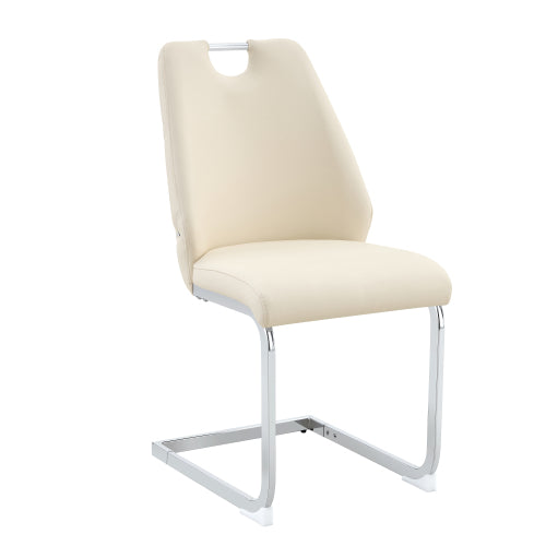 Set of 2 Off White PU Mesh Texture High Back Dining Chairs, Silver Back Ring Chrome Pull Handle Solid Iron Frame