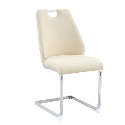 Set of 2 Off White PU Mesh Texture High Back Dining Chairs, Silver Back Ring Chrome Pull Handle Solid Iron Frame