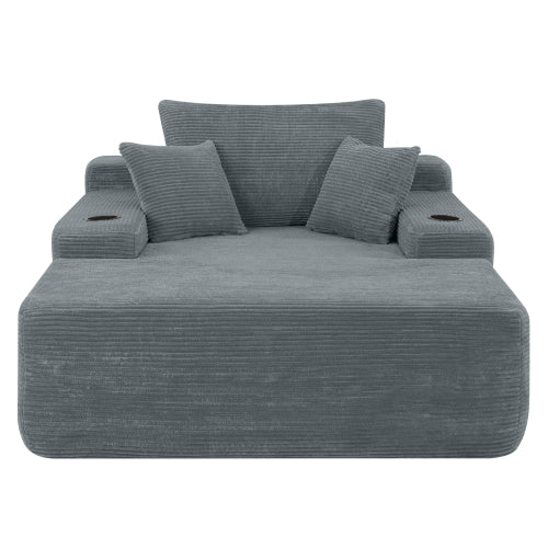 Grey Convertible Corduroy Boneless Chaise Lounge Sleeper Sofa-Bed with Cup-Holder Wide Armrest & Throw Pillows No-Assembly