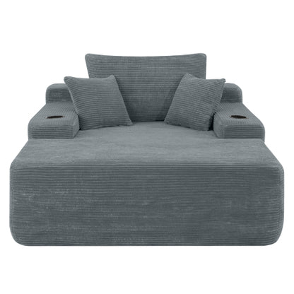 Grey Convertible Corduroy Boneless Chaise Lounge Sleeper Sofa-Bed with Cup-Holder Wide Armrest & Throw Pillows No-Assembly