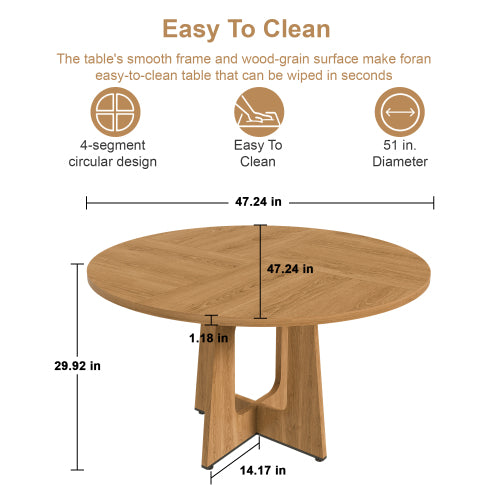 47 Inch Round Farmhouse Dining Table, Oak Finish