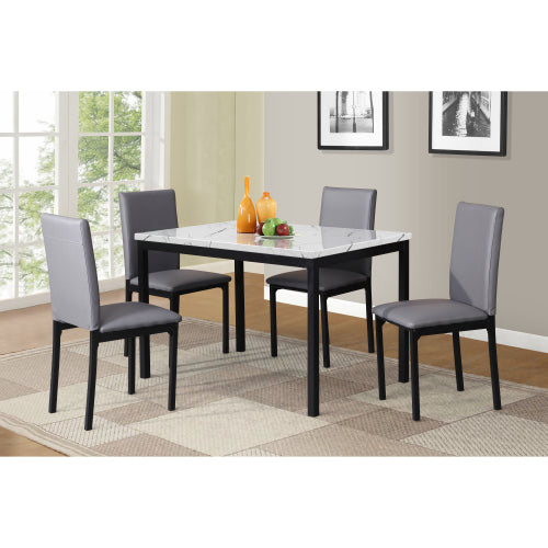 5-Piece Black Metal Dining Set, Off-White Faux Marble Top Table with 4 Gray Faux Leather Chairs