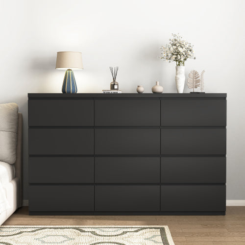 12 Drawers Double Dresser, Modern Wood Dresser Chest of Drawers with Large Storage Space for Bedroom, Black