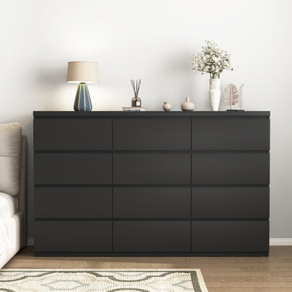 12 Drawers Double Dresser, Modern Wood Dresser Chest of Drawers with Large Storage Space for Bedroom, Black