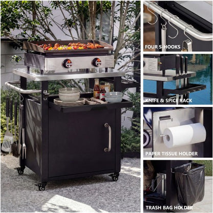 39.5 inch Outdoor Grill Cart with Storage Cabinet, Outdoor Bar Cart Pizza Oven Table with Wheels, Stainless Steel Top, Outdoor Kitchen Island with Spice & Paper Rack for BBQ, Waterproof Cover Included