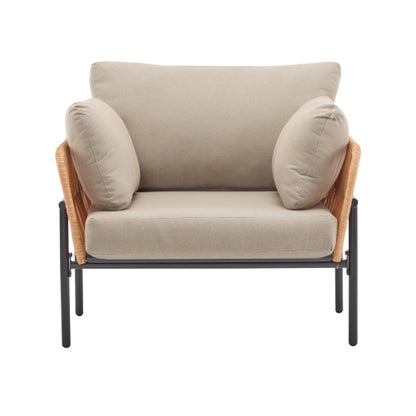 [Set of 2] 36" Beige and Light Wood-Tone Rope Iron Lounge Chair with Cushions, Perfect for Natural and Modern Spaces