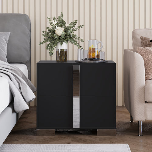 Modern End Table with Drawers, Elegant Nightstand with Metal Foot,Wood Bedside Table with Mirrored Metal Handles,Sofa Side End Table for Bedroom Living Room Office,Black