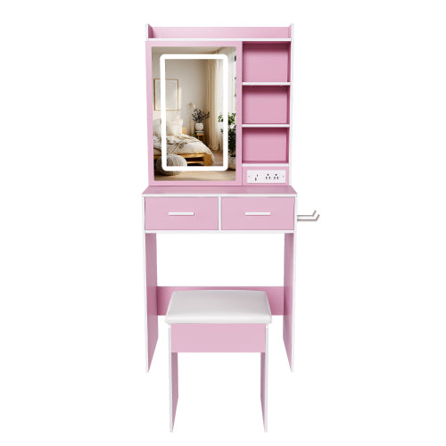 Pink Small LED Vanity Desk, Built in USB?AC Outlet, Hair Dryer Stand, Hidden Storage & Padded Stool