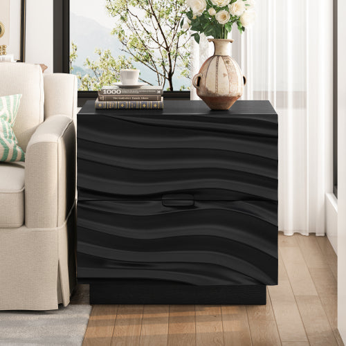 Black Solid Wood 2-Drawer Nightstand, Handle-Free Curved Front Bedside Table