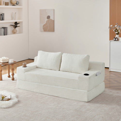 70.8-inch corduroy two-in-one sofa bed, featuring a lounge chair with two throw pillows, built-in cup holders in the armrests, and side storage pockets-ideal for living rooms, bedrooms, and relaxation