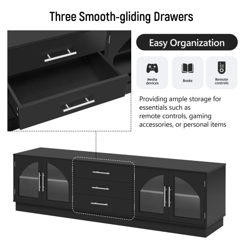 68.9 Inch Minimalist Arched Glass TV Stand for 75 Inch TV with 3 Drawers & Adjustable Shelves