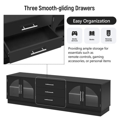 68.9 Inch Minimalist Arched Glass TV Stand for 75 Inch TV with 3 Drawers & Adjustable Shelves