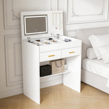 White Flip Top Vanity Desk with LED Lighted Mirror & Built-in Outlet, 2 Drawers, Open Storage, Jewelry Hooks
