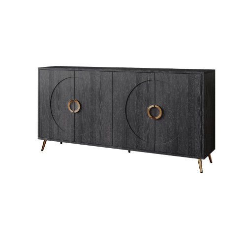 Distressed Black Modern Lacquered 4-Door Wooden Sideboard MDF Metal Leg Adjustable Shelf Home Storage Cabinet
