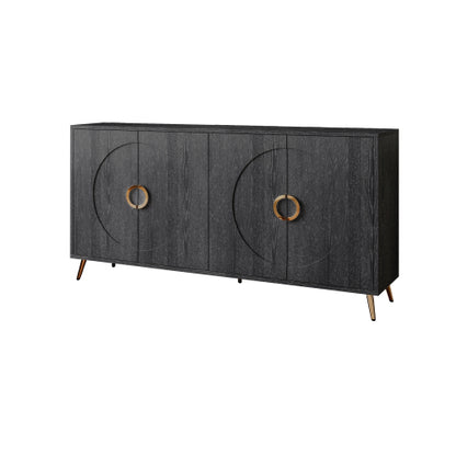 Distressed Black Modern Lacquered 4-Door Wooden Sideboard MDF Metal Leg Adjustable Shelf Home Storage Cabinet
