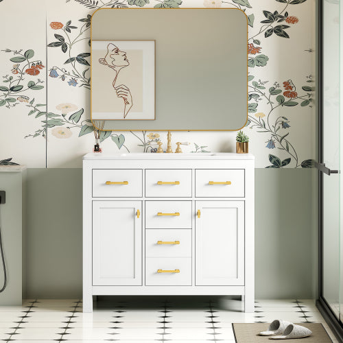36'' Bathroom Vanity with Ceramic Sink Combo Set,Modern Freestanding Single Bathroom Cabinet with 4 Drawers & 2 Cabinets,Storage Cabinet for Bathroom, Solid Wood Frame Vanity Set, White