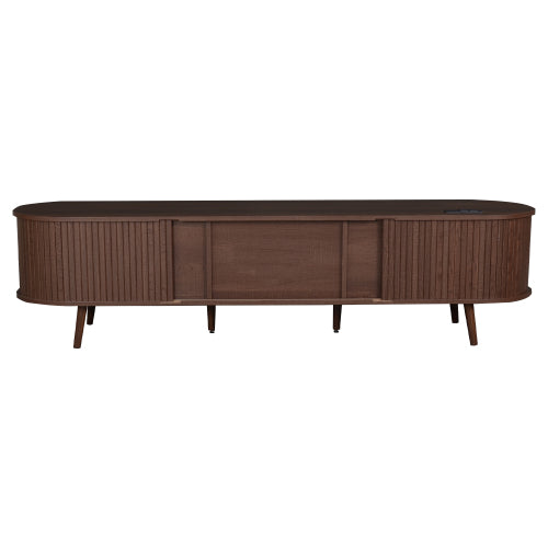 70.8 Inch Mid-Century TV Stand with Tambour Doors, Rattan Drawers & Power Outlet for 80 Inch TV