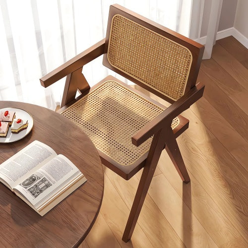 Modern Mid Century Rattan Accent Dining Chair with Armrests, Brown Finish for Living Room & Dining Room