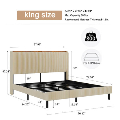 King Size Platform Bed , Metal Bed Frame with Charging Station, No Box Spring Needed, (Beige), Noise Free,Easy Assemble.