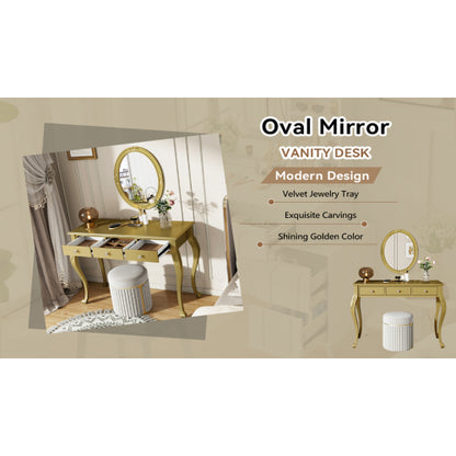 Gold Luxury Oval Mirror Vanity Desk, 41.0 inch *17.5 inch  Tabletop, 3 Drawers, Decorative Console for Entryway & Bedroom