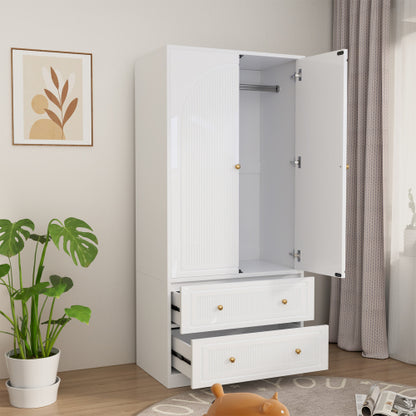 Armoire Wardrobe Closet, Wooden Cloth Storage Organizer with 2 Storage Drawers and Removable Hanging Rods, White