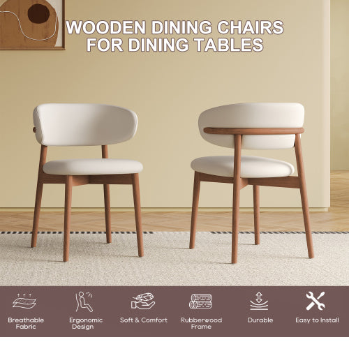 Mid-Century Wood Dining Chairs with PU Upholstery, Set of 2, White