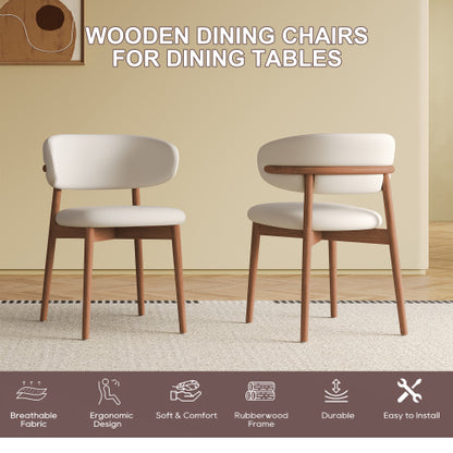 Mid-Century Wood Dining Chairs with PU Upholstery, Set of 2, White