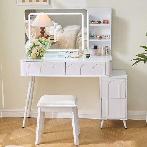White Modern Vanity Desk Set, Fluted Wave Panel, 3 Color Dimmable LED Mirror, Adjustable Side Cabinet & PU Stool