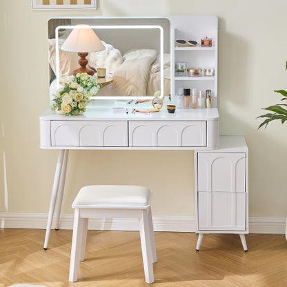 White Modern Vanity Desk Set, Fluted Wave Panel, 3 Color Dimmable LED Mirror, Adjustable Side Cabinet & PU Stool