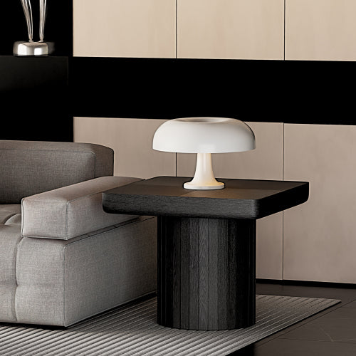 23.6inch  Modern Square End Table, Solid Wood Veneer Parquet Top with Grooved Cylindrical Base, Matte Black