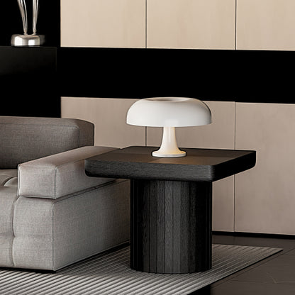23.6inch  Modern Square End Table, Solid Wood Veneer Parquet Top with Grooved Cylindrical Base, Matte Black