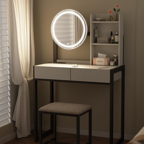 White & Black Vanity Desk with LED Mirror, 3 Light Modes, Outlet, Drawer & Stool