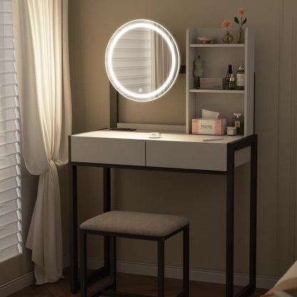 White & Black Vanity Desk with LED Mirror, 3 Light Modes, Outlet, Drawer & Stool