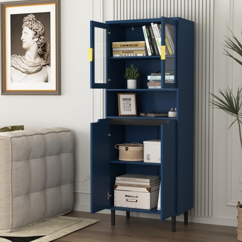 Navy Blue 4-Door Adjustable Tempered Glass Tall Storage Bookcase Cabinet